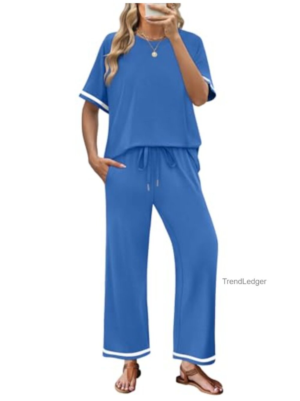 Women's 2 Piece Lounge Set Short Sleeve Wide Leg Pants Casual Travel Outfit